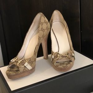 Gucci Monogram Open Toe Pumps